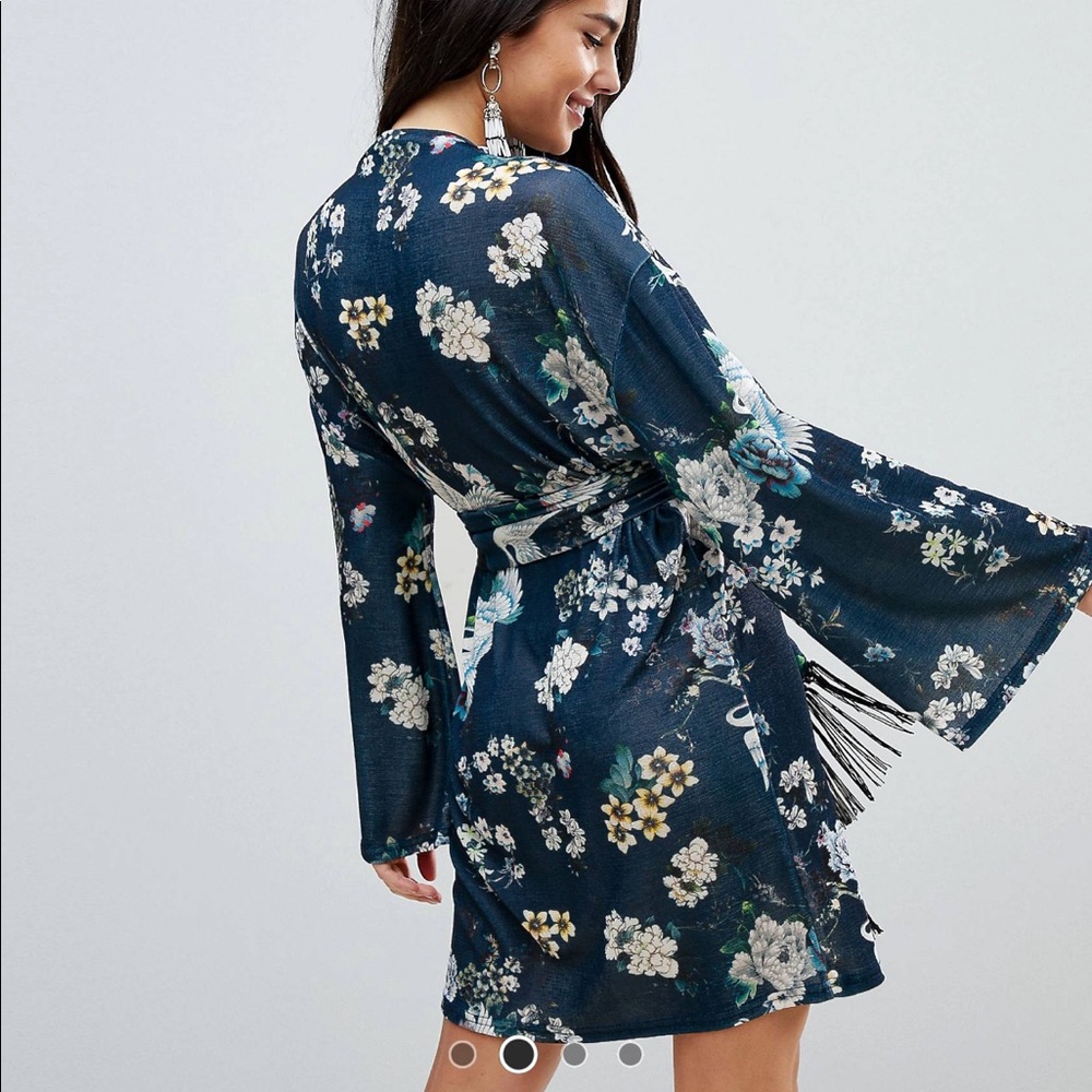 70s Style Kimono Long Sleeve Bird Print Dress - Picture 3 of 4